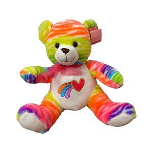 Dan Dee Rainbow Zebra Print Teddy Bear Neon Plush Heart Striped Stuffed Animal